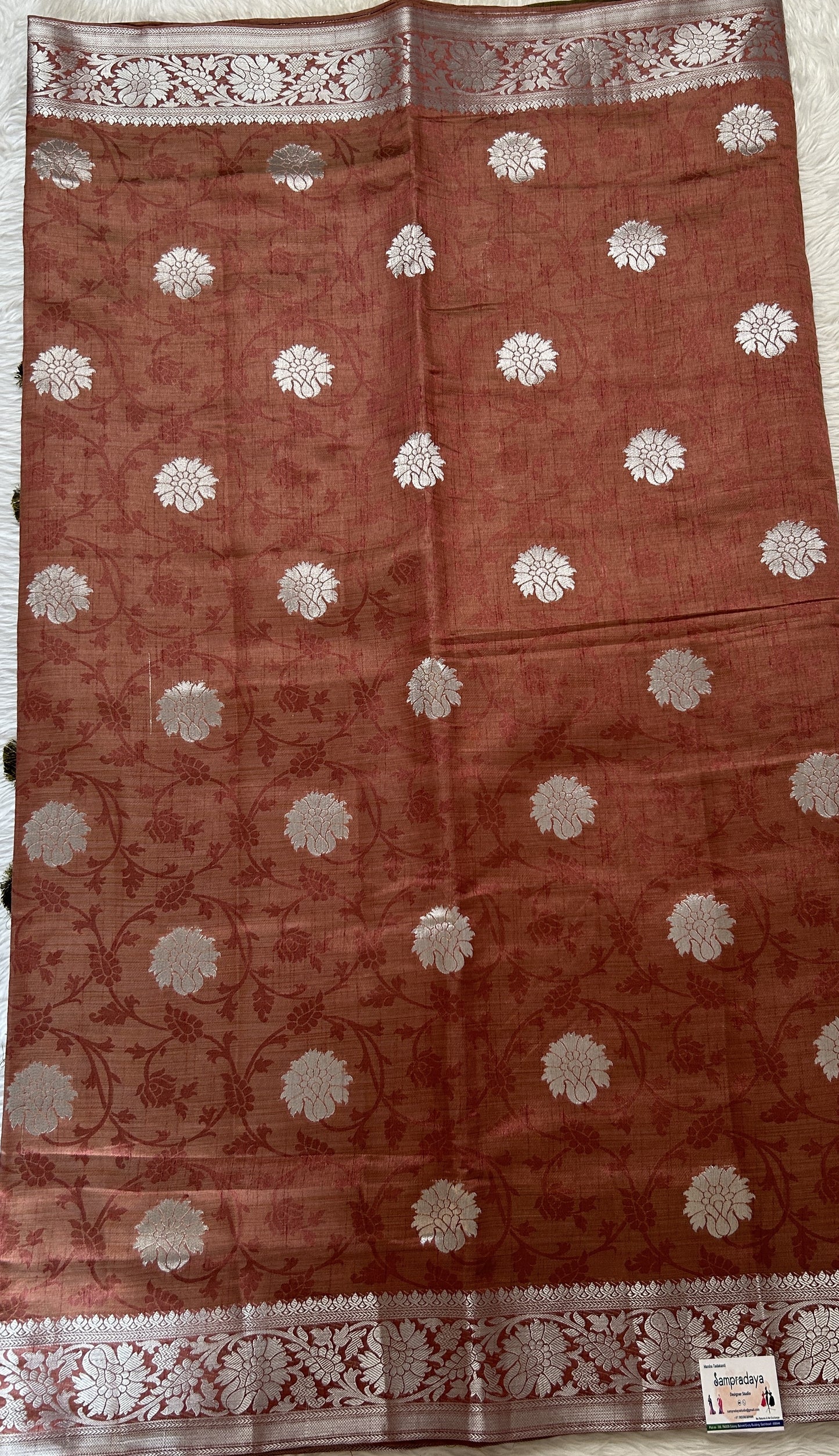 Semi Raw Silk Saree Rust Colored Complemented with a Zari Border. - Sampradaya Designer Studio