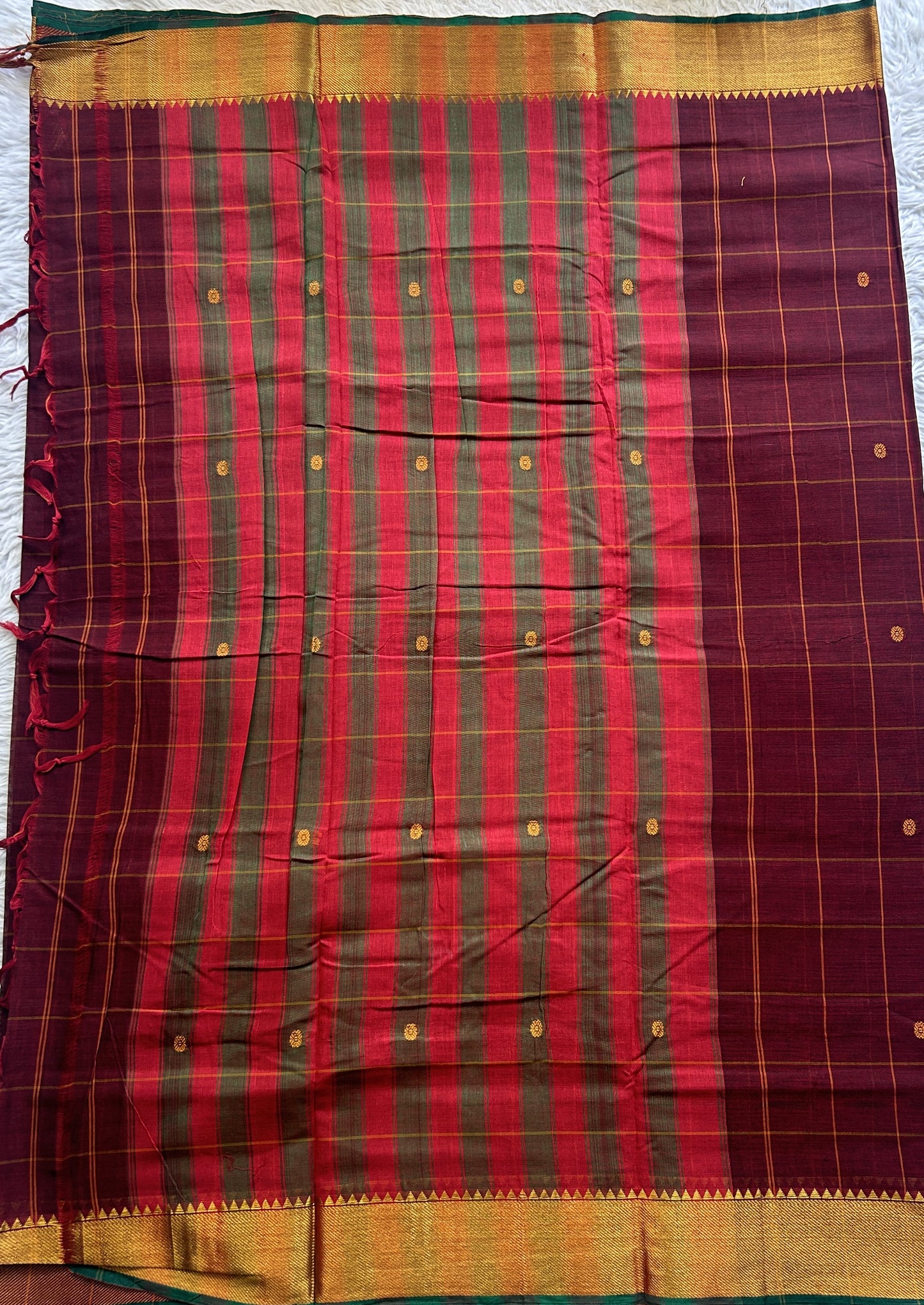 Narayanpet Cotton Checks Saree Maroon Colored Complemented with a Zari Border. - Sampradaya Designer Studio