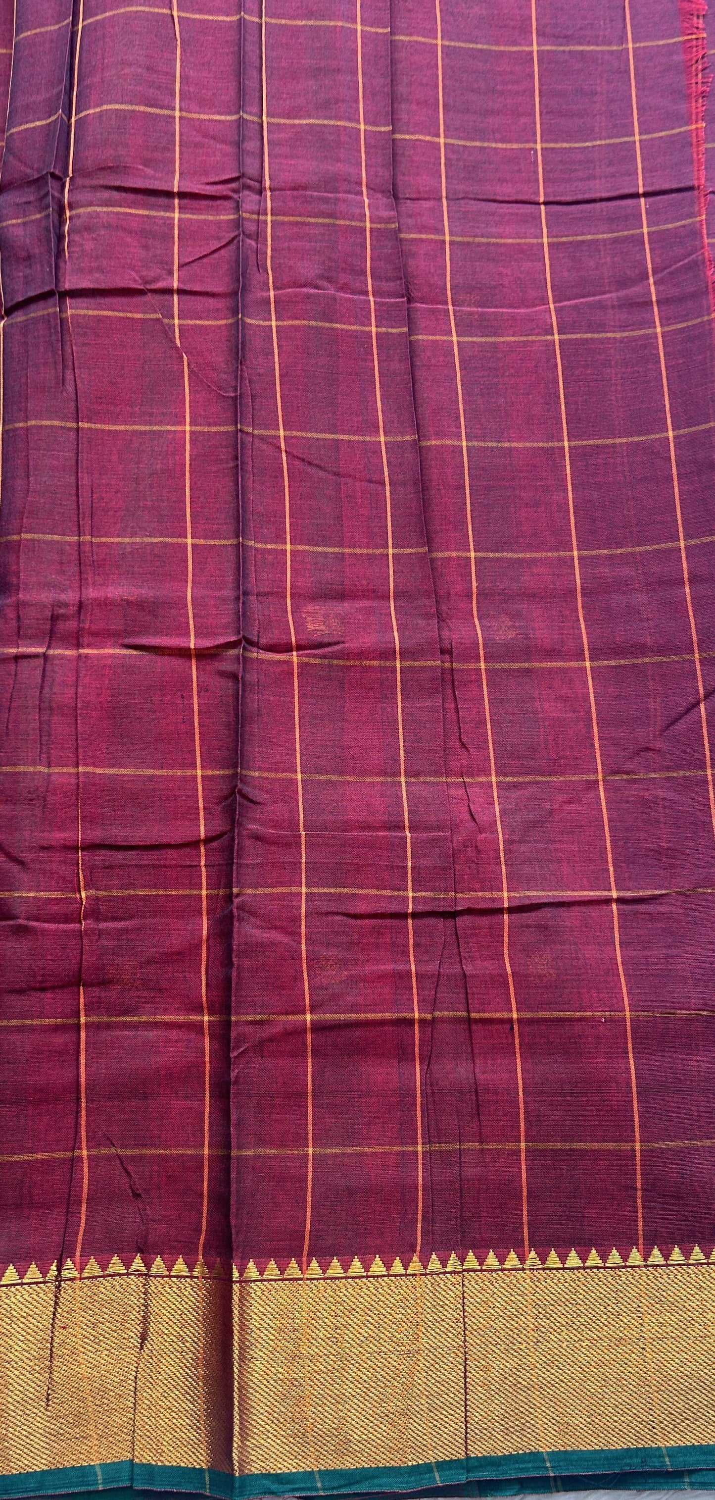 Narayanpet Cotton Checks Saree Maroon Colored Complemented with a Zari Border. - Sampradaya Designer Studio