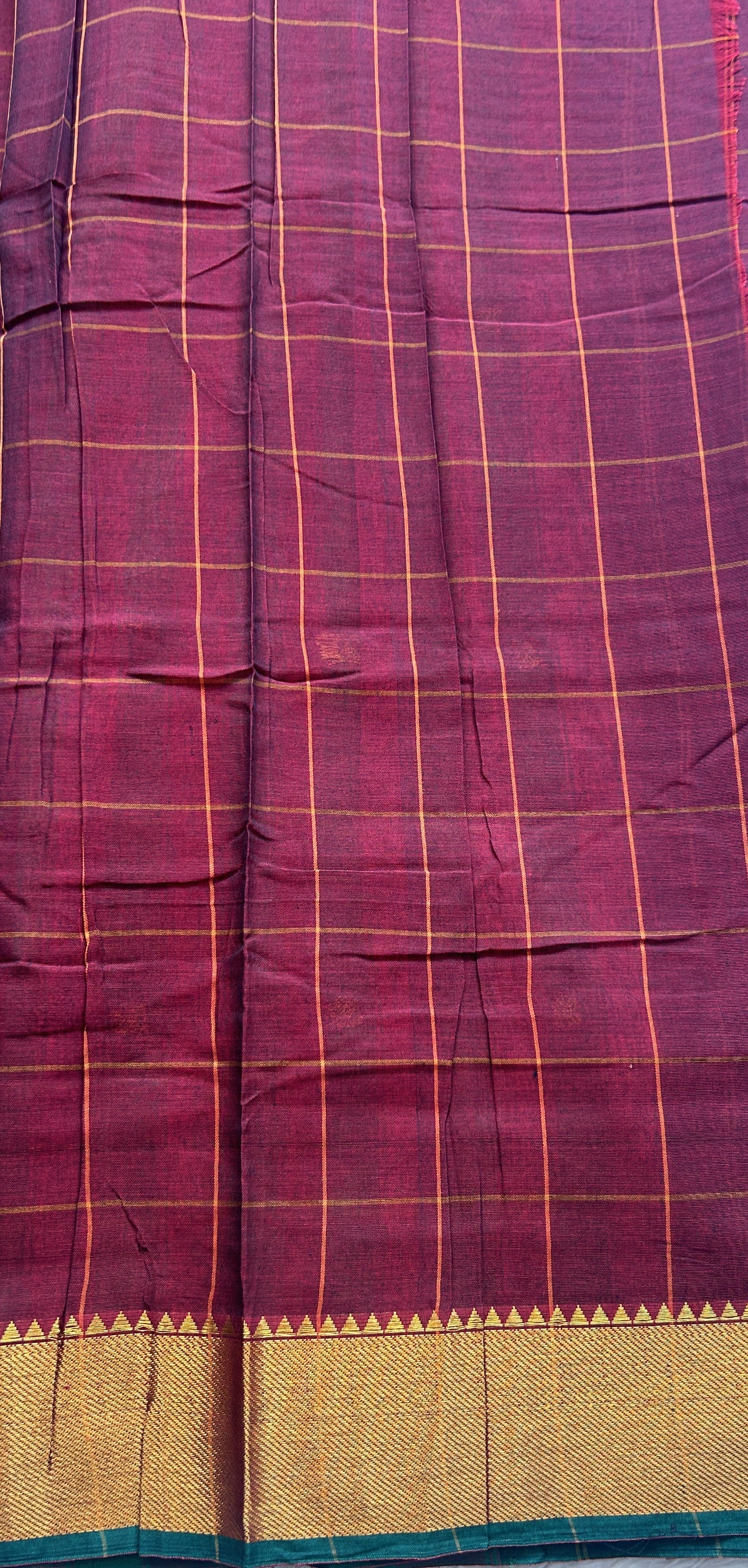 Narayanpet Cotton Checks Saree Maroon Colored Complemented with a Zari Border. - Sampradaya Designer Studio