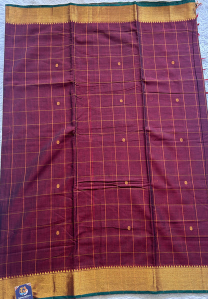 Narayanpet Cotton Checks Saree Maroon Colored Complemented with a Zari Border. - Sampradaya Designer Studio