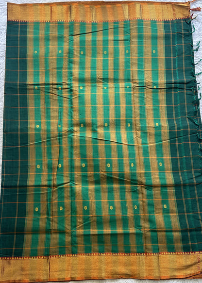 Narayanpet Cotton Checks Saree Bottle Green Colored Complemented with a Zari Border. - Sampradaya Designer Studio