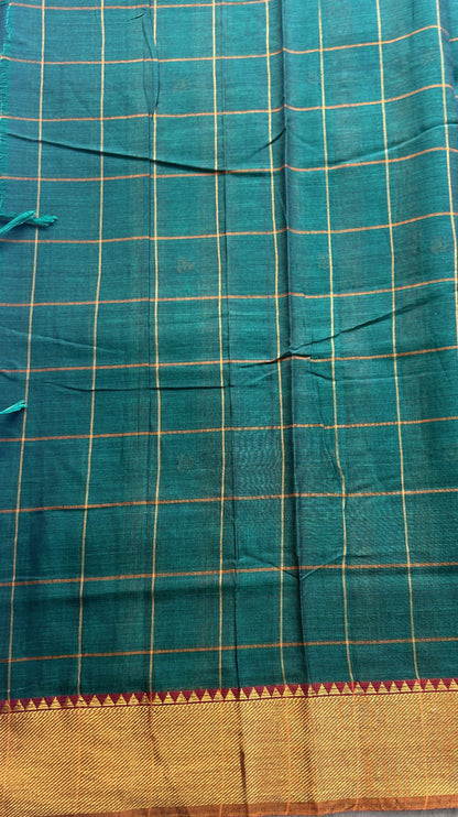 Narayanpet Cotton Checks Saree Bottle Green Colored Complemented with a Zari Border. - Sampradaya Designer Studio