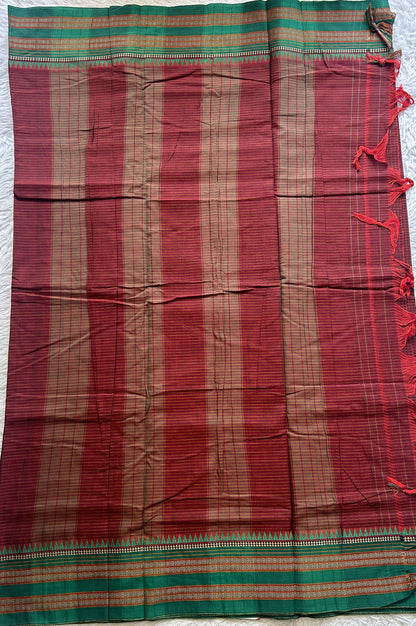Narayanpet Cotton Checks Saree Maroon Colored Complemented with a Thread Gap Border. - Sampradaya Designer Studio