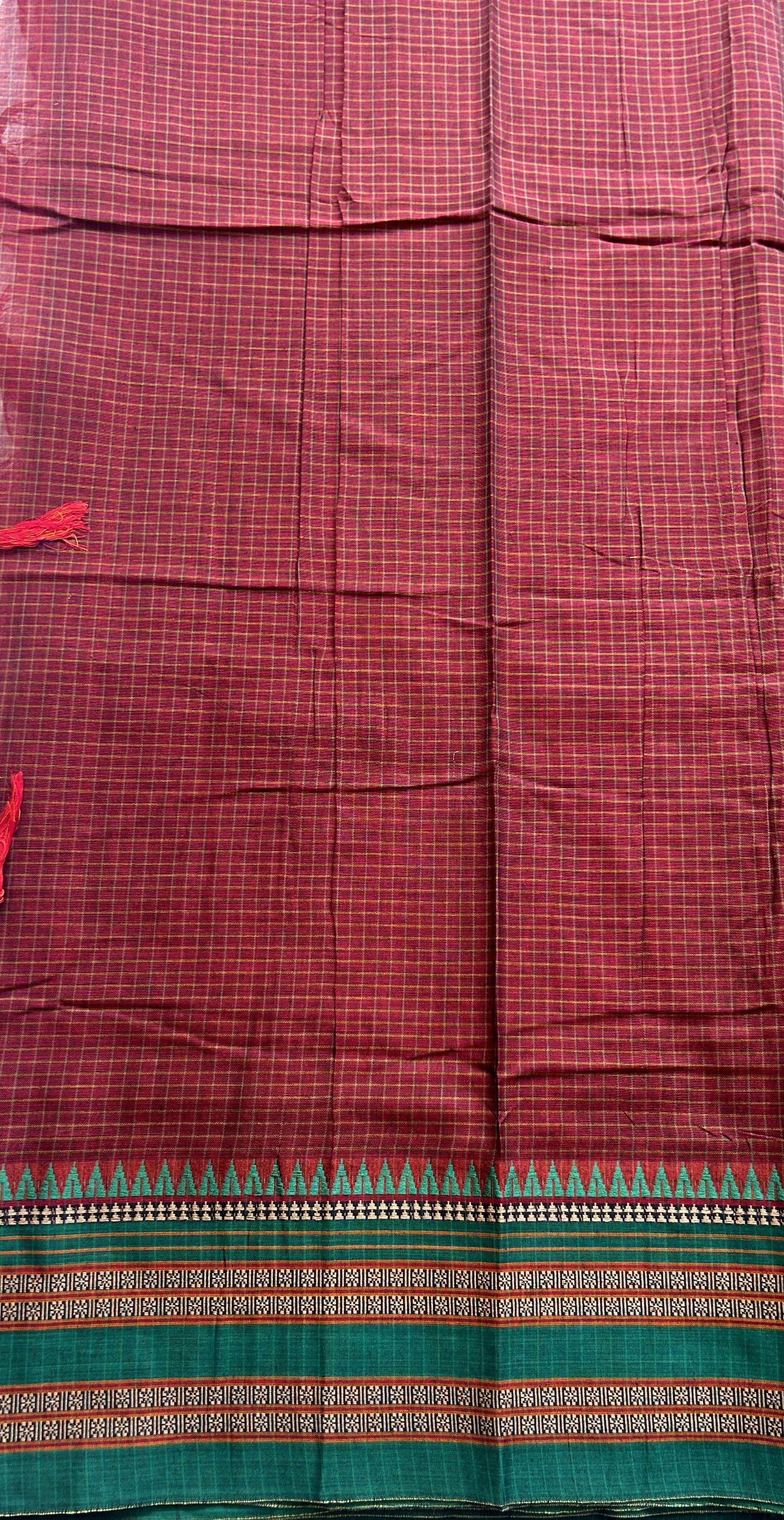 Narayanpet Cotton Checks Saree Maroon Colored Complemented with a Thread Gap Border. - Sampradaya Designer Studio