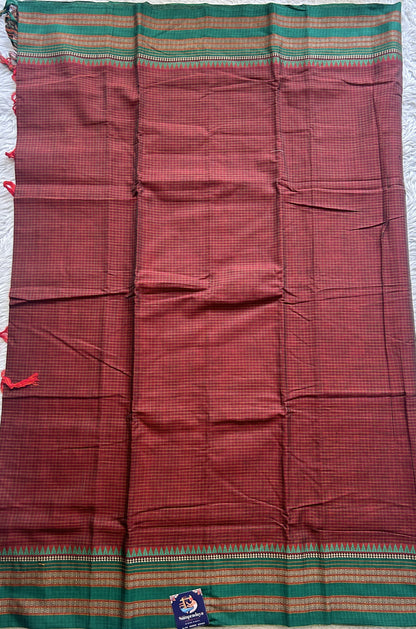 Narayanpet Cotton Checks Saree Maroon Colored Complemented with a Thread Gap Border. - Sampradaya Designer Studio