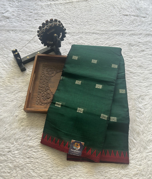 Narayanpet Cotton Buti Saree Dark Green Colored Complemented with a Thread Border. - Sampradaya Designer Studio