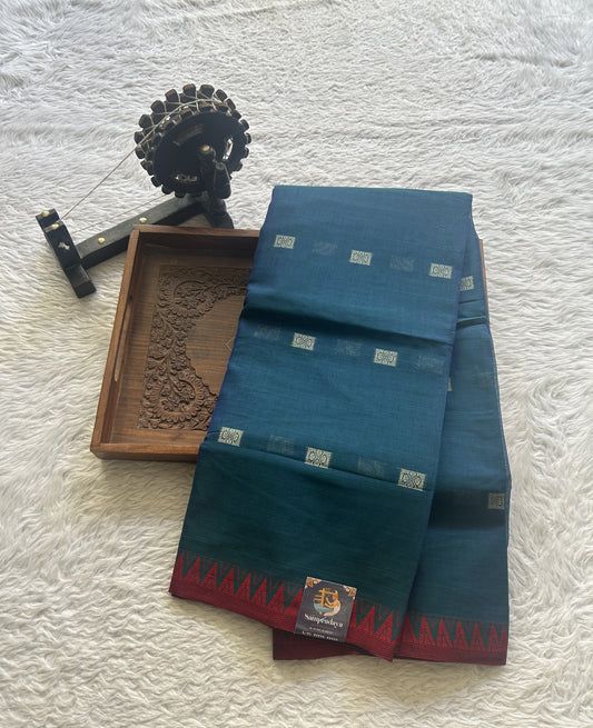 Narayanpet Cotton Buti Saree Peacock Blue Colored Complemented with a Thread Border. - Sampradaya Designer Studio