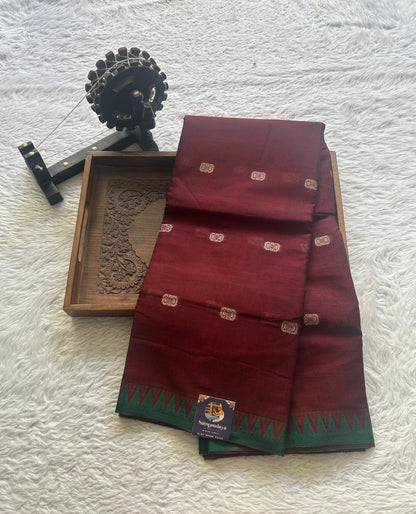 Narayanpet Cotton Buti Saree Maroon Colored Complemented with a Thread Border. - Sampradaya Designer Studio