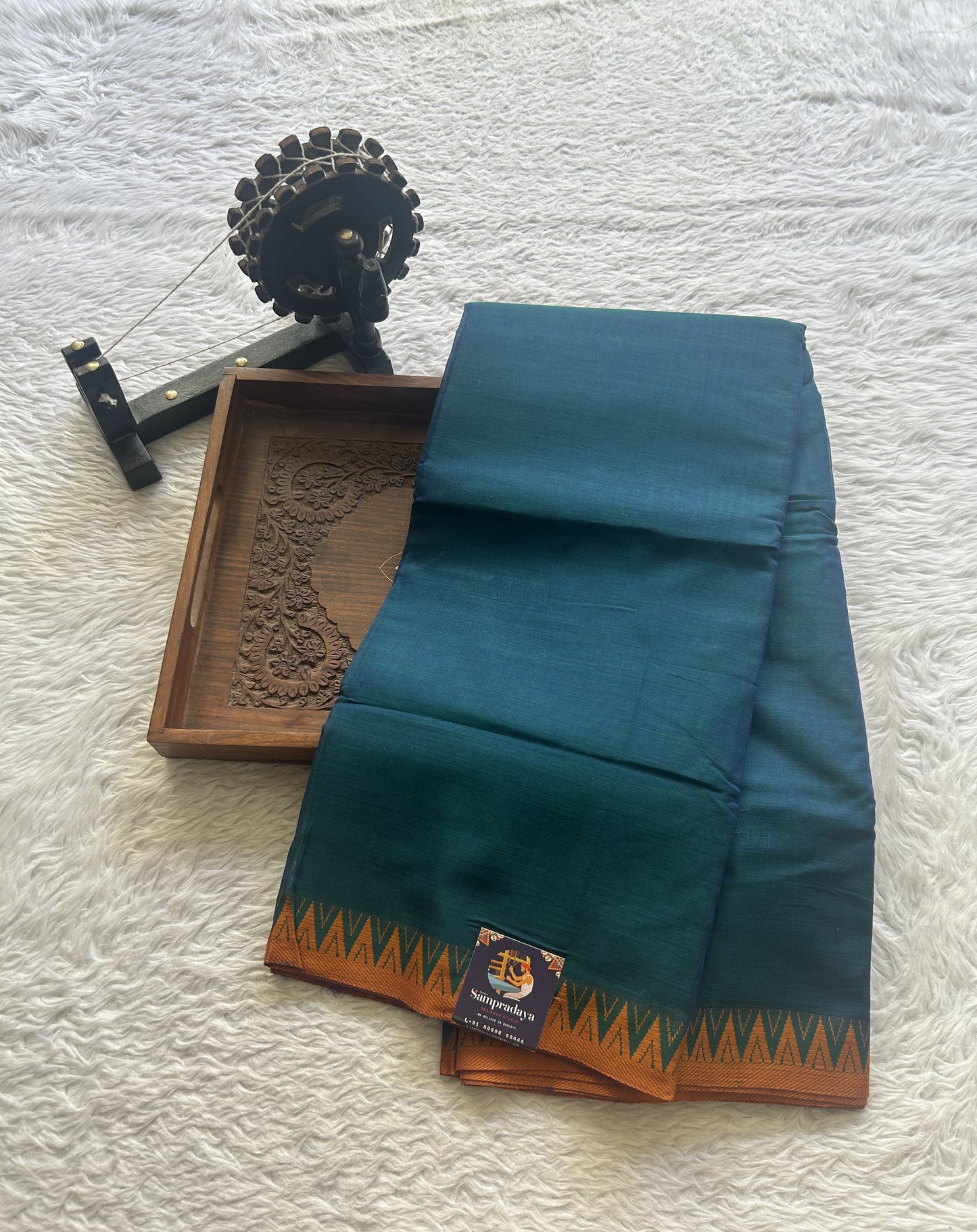Narayanpet Cotton Saree Peacock Blue Colored Complemented with a Orange Thread Border. - Sampradaya Designer Studio