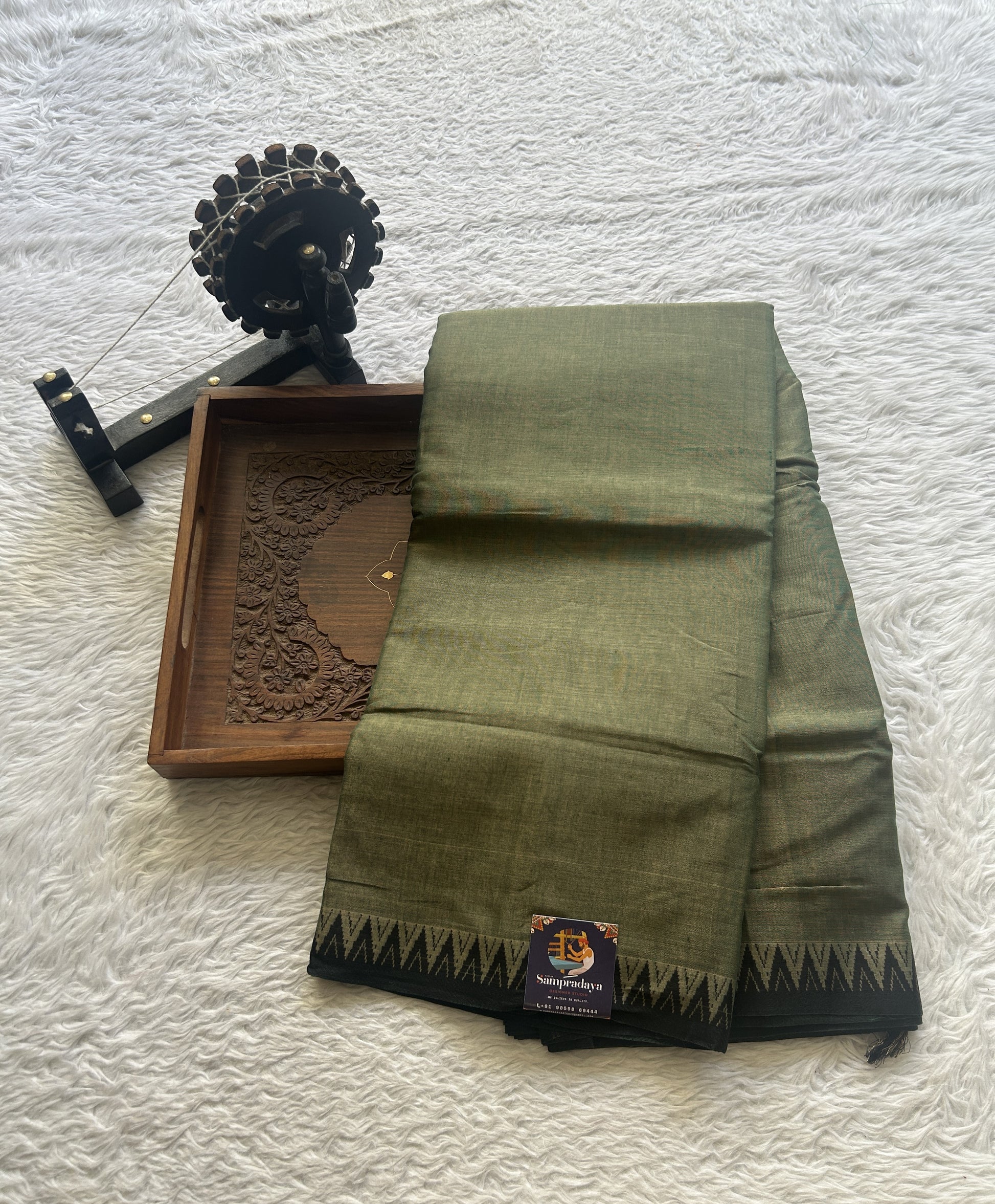 Narayanpet Cotton Saree Olive Green Colored Complemented with a Black Thread Border. - Sampradaya Designer Studio