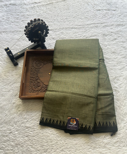 Narayanpet Cotton Saree Olive Green Colored Complemented with a Black Thread Border. - Sampradaya Designer Studio