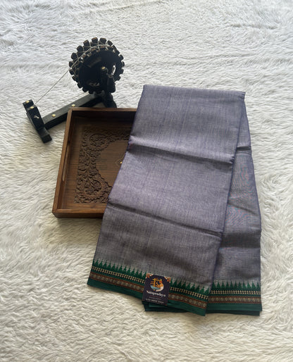 Narayanpet Cotton Saree Dark Lilac Colored Complemented with a Green Thread Border. - Sampradaya Designer Studio