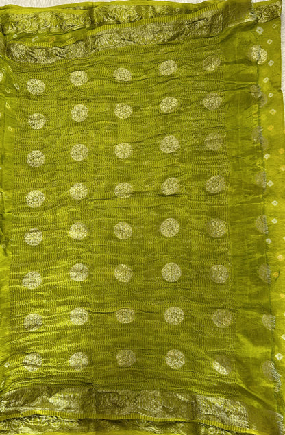 Bandhani Saree Parrot Green Colored Complemented with a Zari Border. - Sampradaya Designer Studio