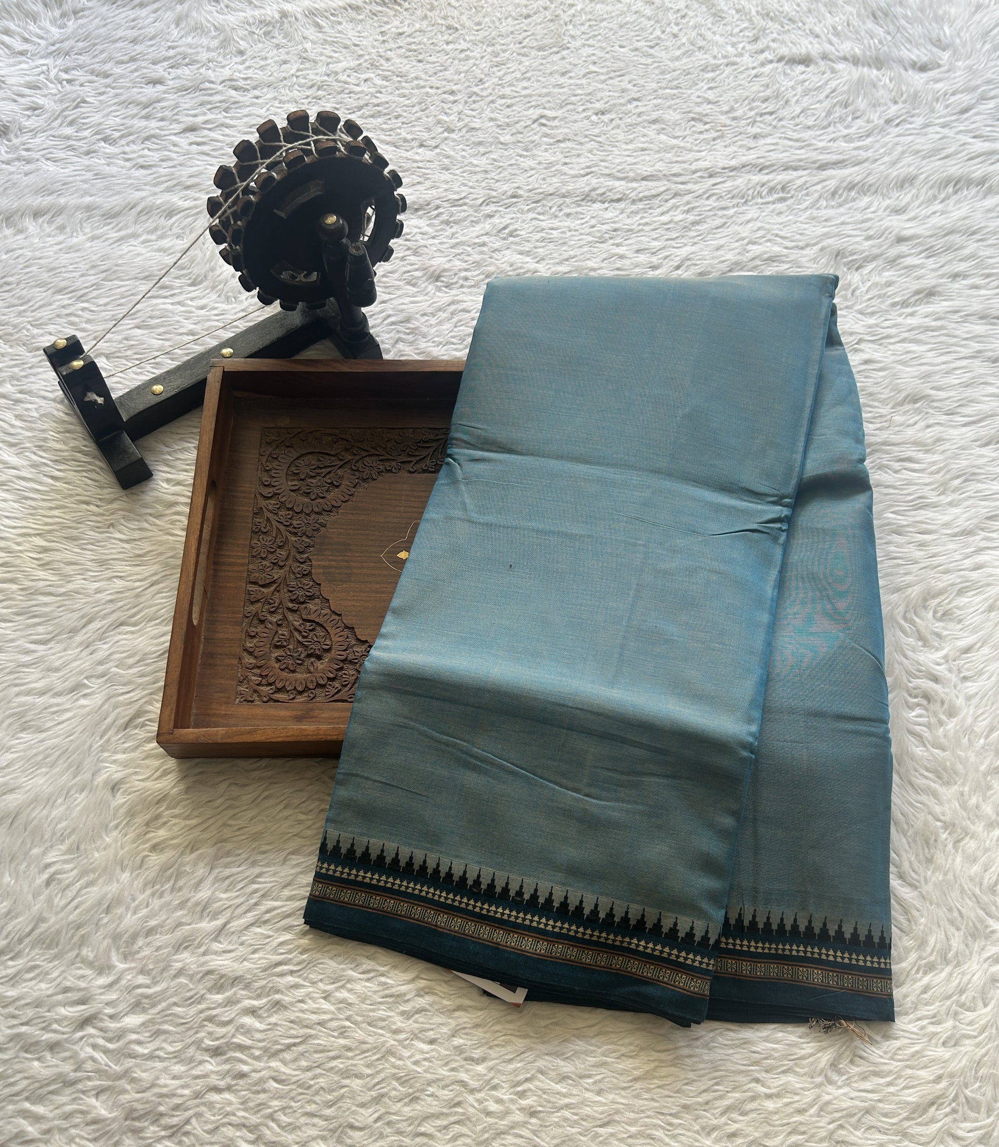 Narayanpet Cotton Saree Sapphire Colored Complemented with a Thread Border. - Sampradaya Designer Studio