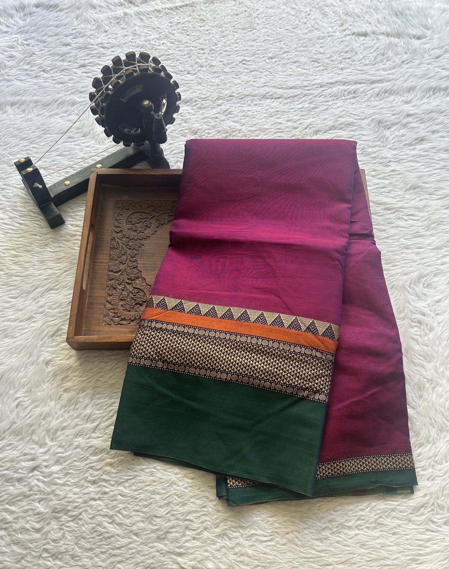 Narayanpet Cotton Saree Purple Colored Complemented with a Double Thread Border. - Sampradaya Designer Studio
