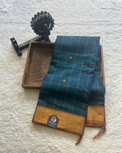 Narayanpet Cotton Checks Saree Peacock Blue Colored Complemented with a Zari Border. - Sampradaya Designer Studio