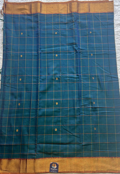 Narayanpet Cotton Checks Saree Peacock Blue Colored Complemented with a Zari Border. - Sampradaya Designer Studio