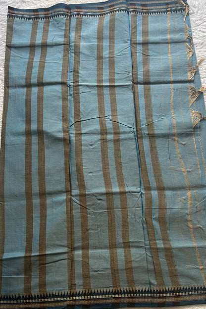 Narayanpet Cotton Saree Sapphire Colored Complemented with a Thread Border. - Sampradaya Designer Studio