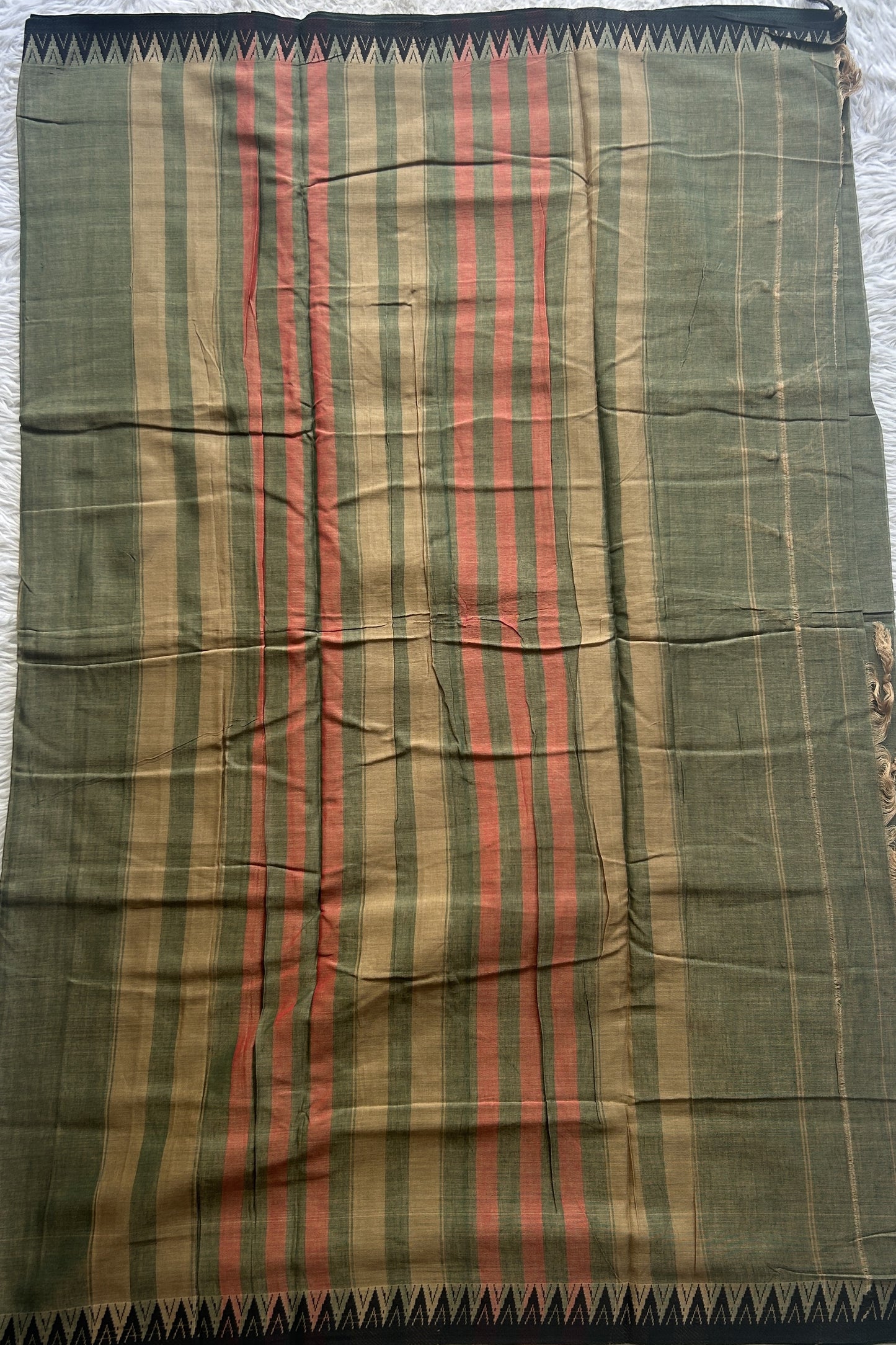 Narayanpet Cotton Saree Olive Green Colored Complemented with a Black Thread Border. - Sampradaya Designer Studio