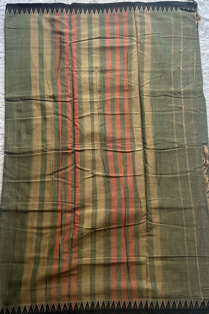 Narayanpet Cotton Saree Olive Green Colored Complemented with a Black Thread Border. - Sampradaya Designer Studio