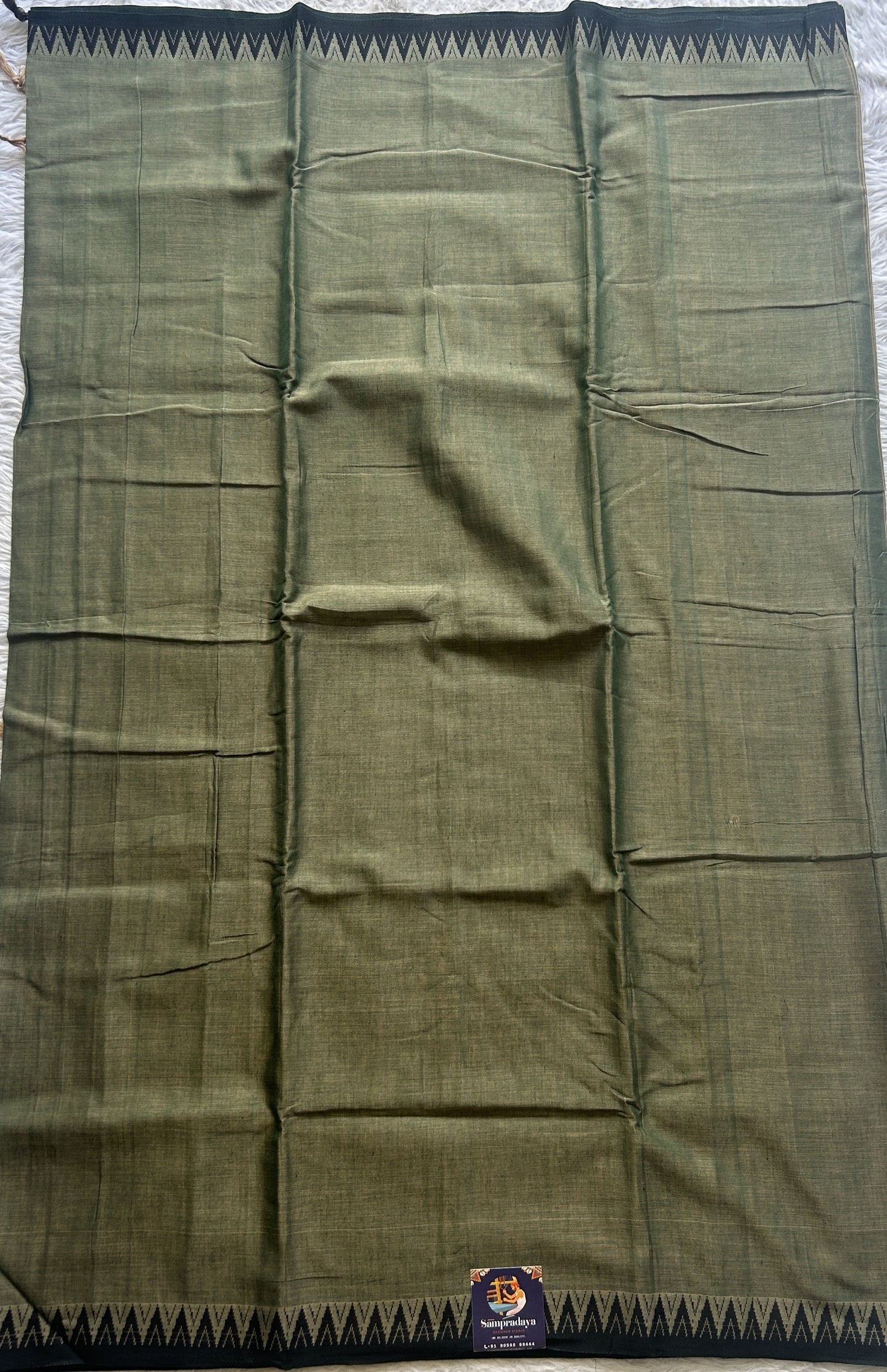 Narayanpet Cotton Saree Olive Green Colored Complemented with a Black Thread Border. - Sampradaya Designer Studio