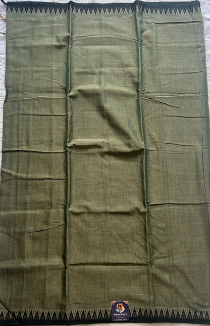 Narayanpet Cotton Saree Olive Green Colored Complemented with a Black Thread Border. - Sampradaya Designer Studio