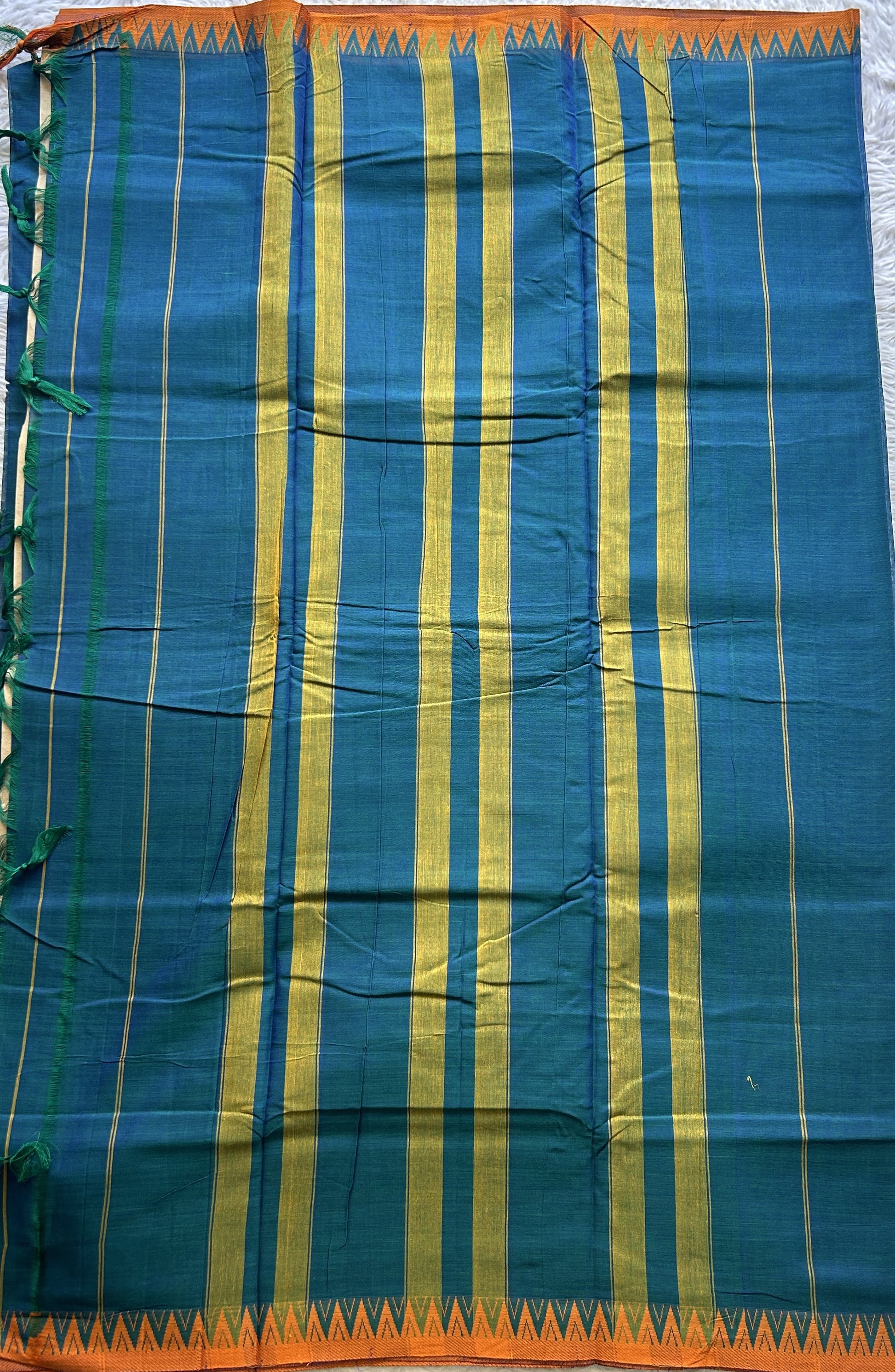 Narayanpet Cotton Saree Peacock Blue Colored Complemented with a Orange Thread Border. - Sampradaya Designer Studio