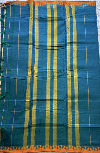 Narayanpet Cotton Saree Peacock Blue Colored Complemented with a Orange Thread Border. - Sampradaya Designer Studio