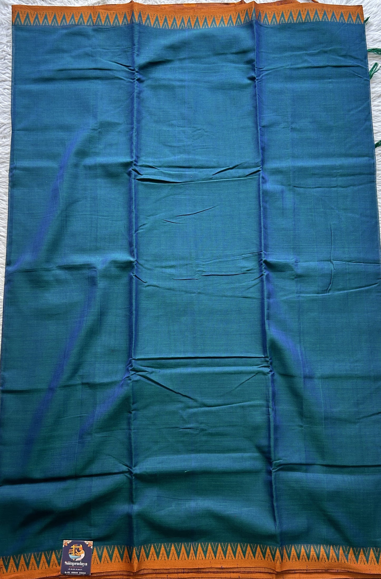 Narayanpet Cotton Saree Peacock Blue Colored Complemented with a Orange Thread Border. - Sampradaya Designer Studio