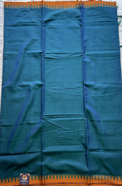 Narayanpet Cotton Saree Peacock Blue Colored Complemented with a Orange Thread Border. - Sampradaya Designer Studio