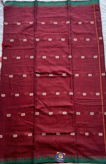 Narayanpet Cotton Buti Saree Maroon Colored Complemented with a Thread Border. - Sampradaya Designer Studio
