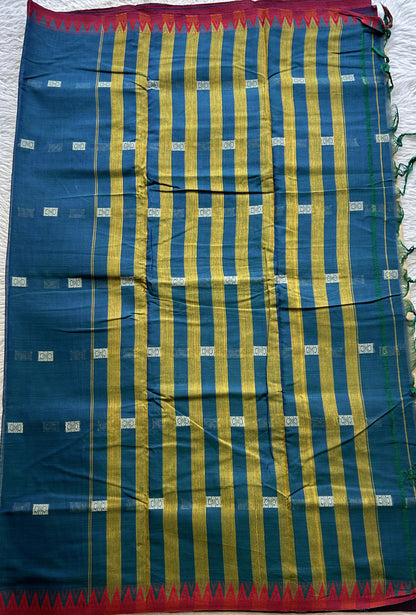 Narayanpet Cotton Buti Saree Peacock Blue Colored Complemented with a Thread Border. - Sampradaya Designer Studio