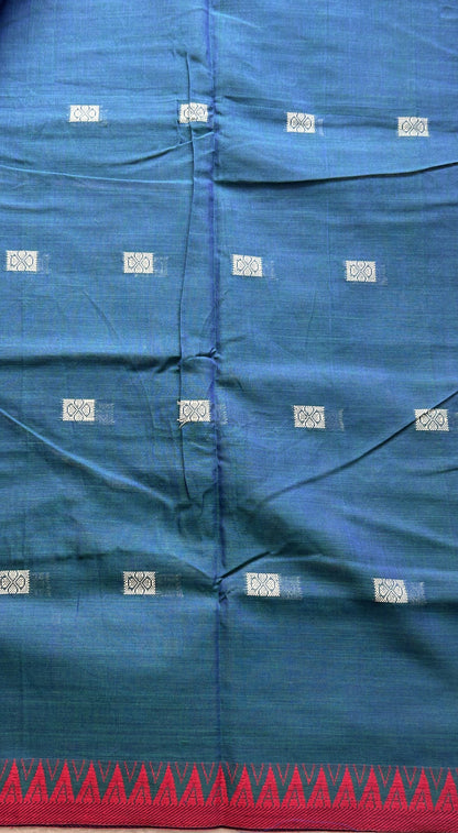 Narayanpet Cotton Buti Saree Peacock Blue Colored Complemented with a Thread Border. - Sampradaya Designer Studio