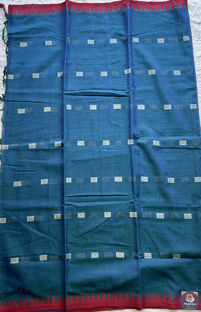Narayanpet Cotton Buti Saree Peacock Blue Colored Complemented with a Thread Border. - Sampradaya Designer Studio