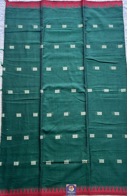 Narayanpet Cotton Buti Saree Dark Green Colored Complemented with a Thread Border. - Sampradaya Designer Studio