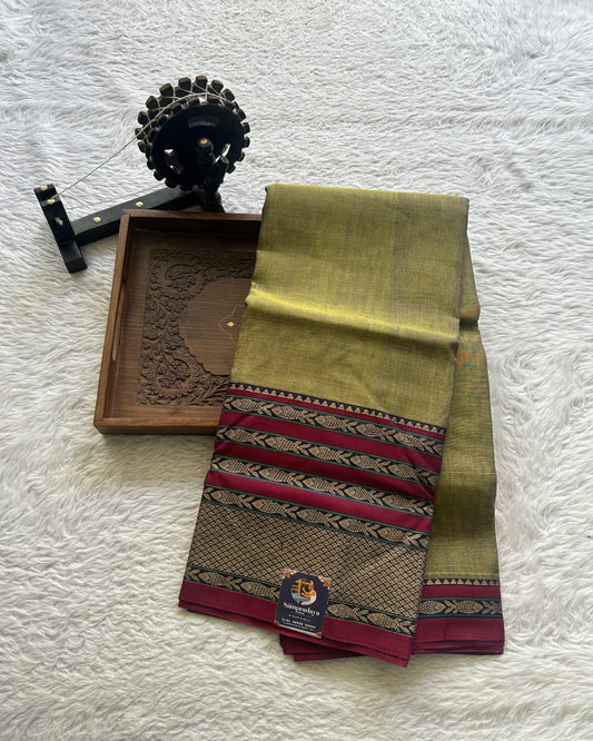 Narayanpet Cotton Saree Avocado Colored Complemented with a Thread Border. - Sampradaya Designer Studio