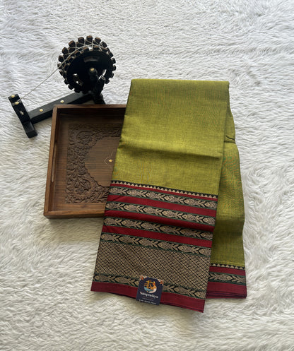 Narayanpet Cotton Saree Olive Green Colored Complemented with a Gap Border. - Sampradaya Designer Studio