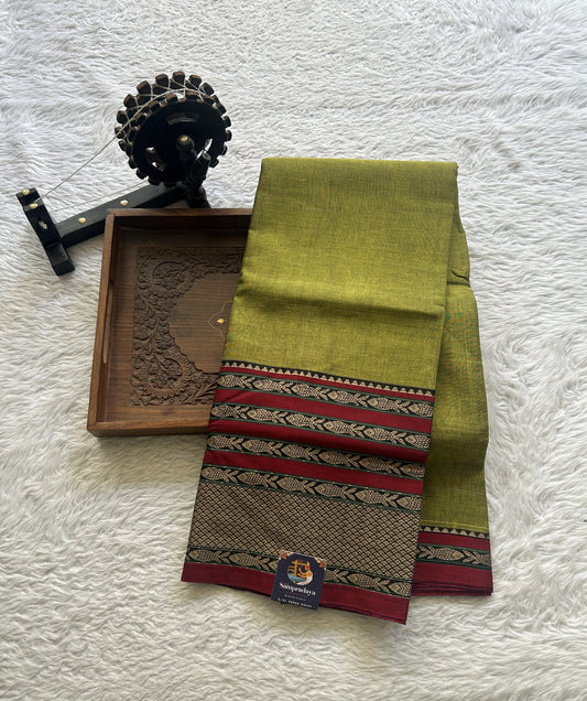 Narayanpet Cotton Saree Olive Green Colored Complemented with a Gap Border. - Sampradaya Designer Studio