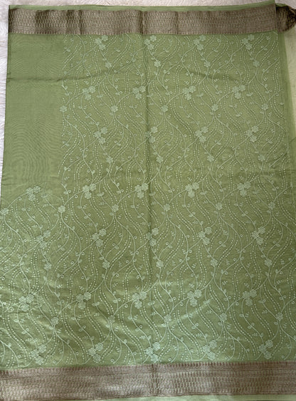 Semi Tussar Silk Saree Green colored complemented with a Zari border. - Sampradaya Designer Studio