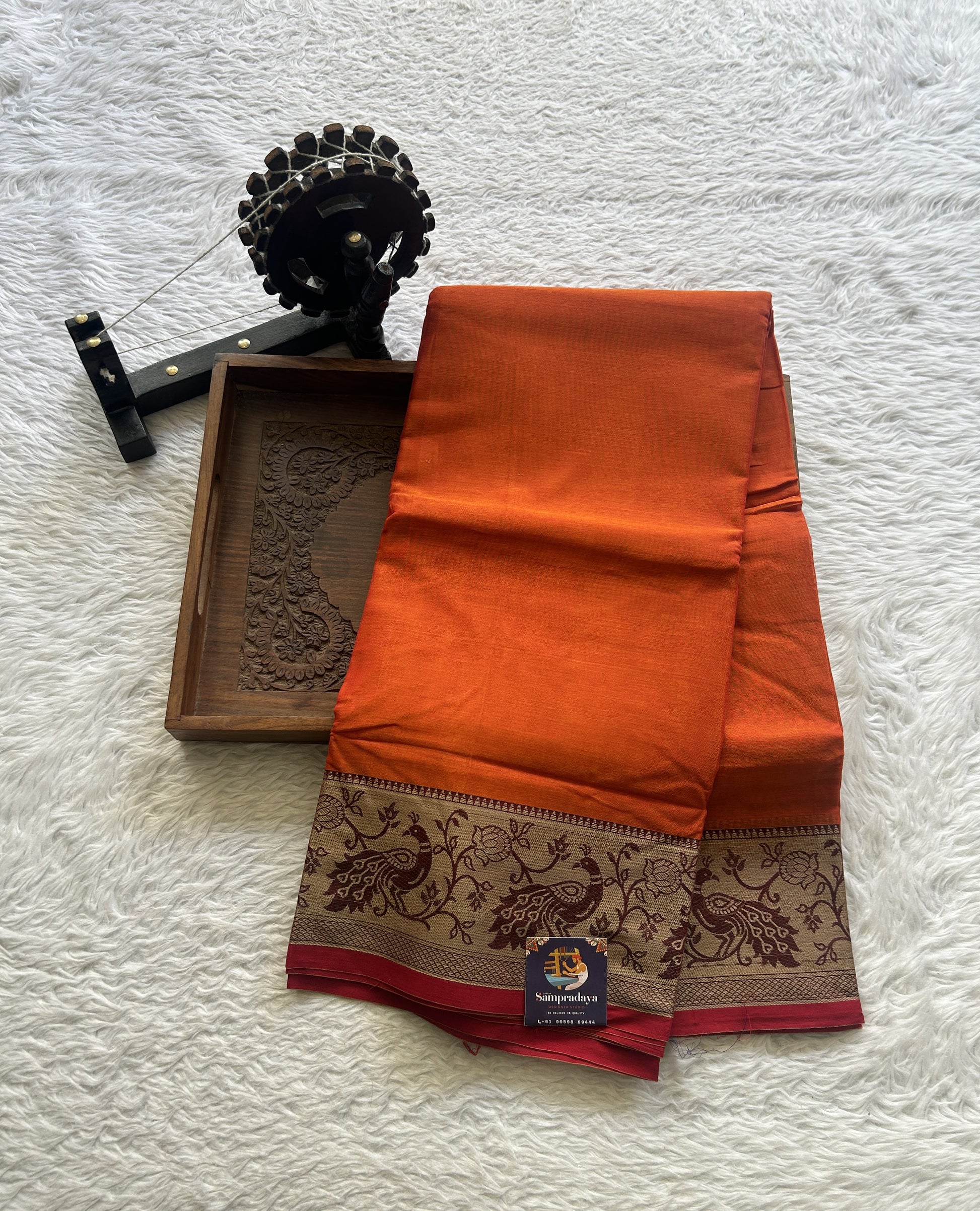 Narayanpet Cotton Saree Orange Colored Complemented with a Minakari Border. - Sampradaya Designer Studio