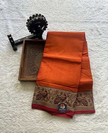 Narayanpet Cotton Saree Orange Colored Complemented with a Minakari Border. - Sampradaya Designer Studio