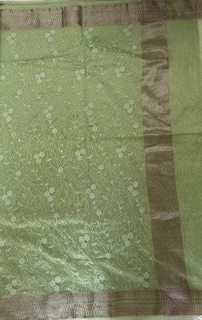 Semi Tussar Silk Saree Green colored complemented with a Zari border. - Sampradaya Designer Studio