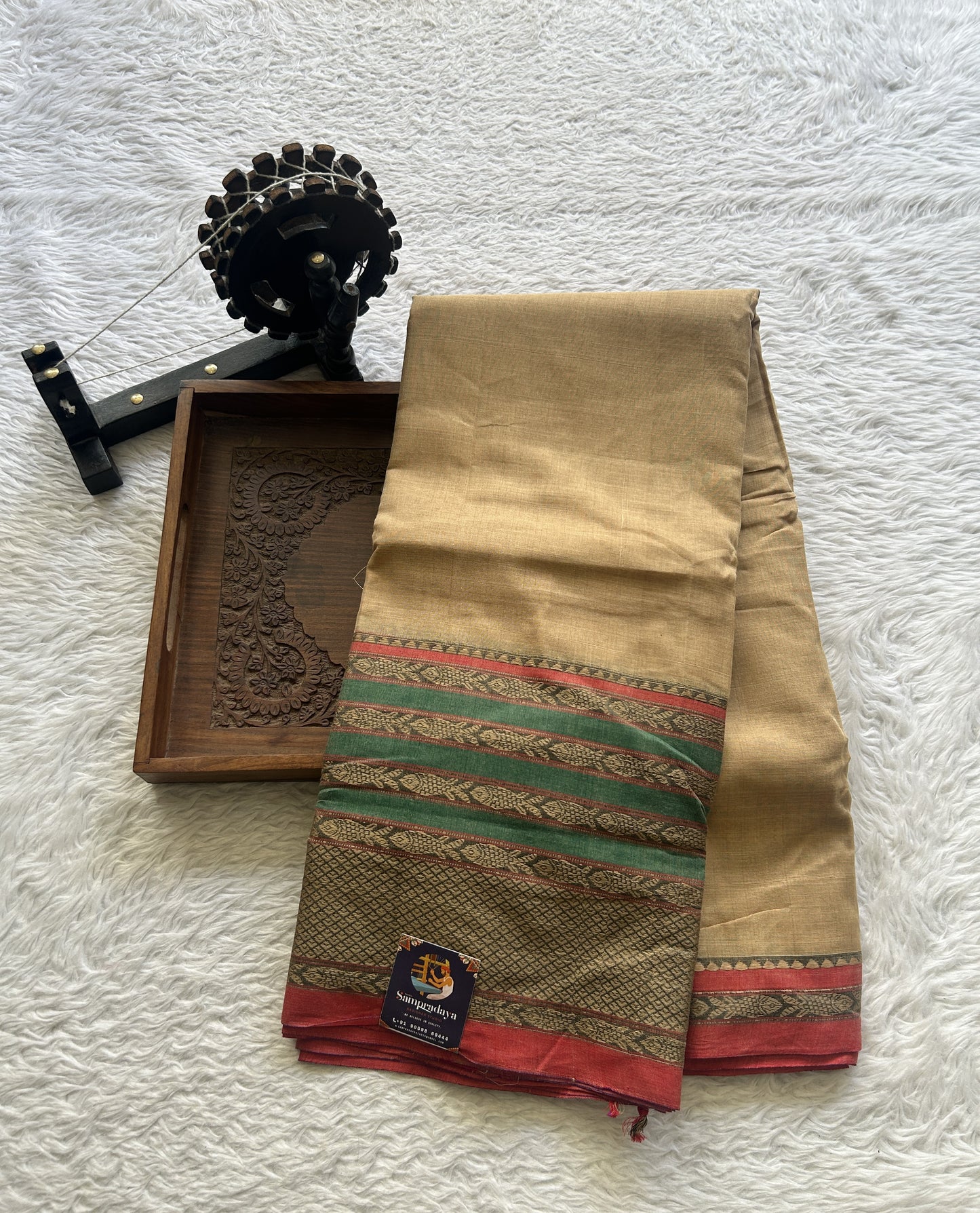 Narayanpet Cotton Saree Beige Colored Complemented with a Gap Border. - Sampradaya Designer Studio