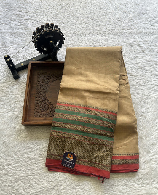Narayanpet Cotton Saree Beige Colored Complemented with a Gap Border. - Sampradaya Designer Studio