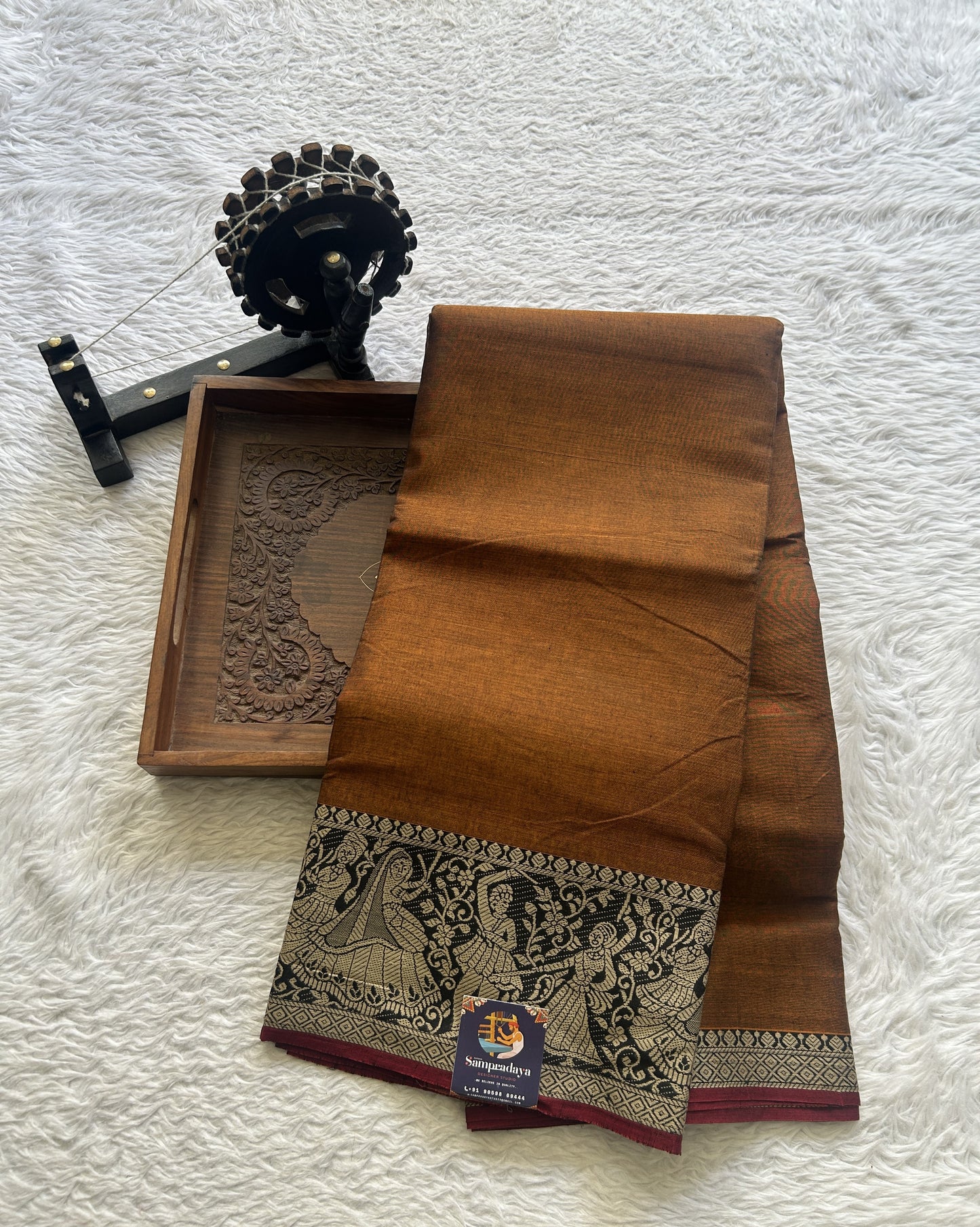 Narayanpet Cotton Saree Dark Mustard Colored Complemented with a Minakari Border. - Sampradaya Designer Studio
