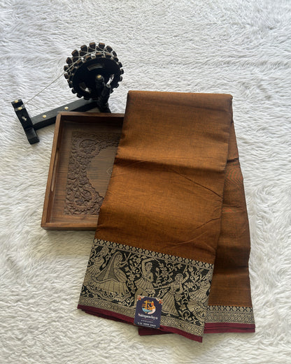 Narayanpet Cotton Saree Dark Mustard Colored Complemented with a Minakari Border. - Sampradaya Designer Studio