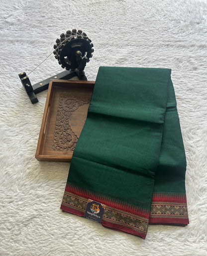 Narayanpet Cotton Saree Bottle Green Colored Complemented with a Thread Border. - Sampradaya Designer Studio