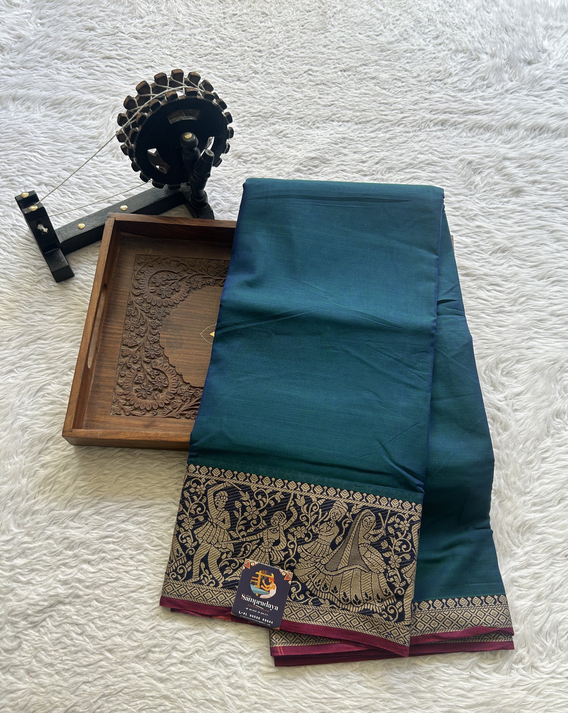 Narayanpet Cotton Saree Peacock Blue Colored Complemented with a Minakari Thread Border. - Sampradaya Designer Studio