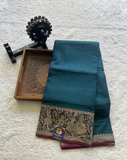 Narayanpet Cotton Saree Peacock Blue Colored Complemented with a Minakari Thread Border. - Sampradaya Designer Studio
